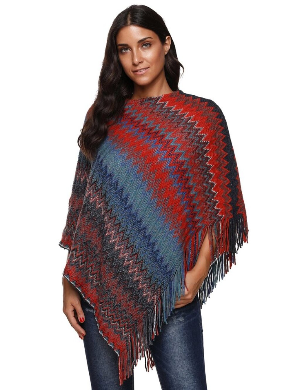 Women's Zig-Zag Knit Tassel Fringed Pullover Poncho Sweater Cape Shawl Wrap
